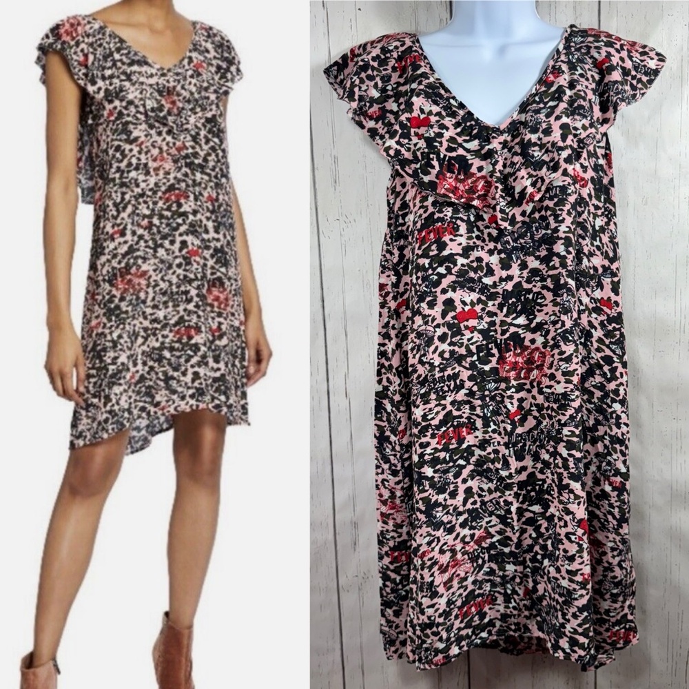 Zadig & Voltaire Animal Print Ruffle Sleeve Mini Dress Boho Romantic Soft Grunge